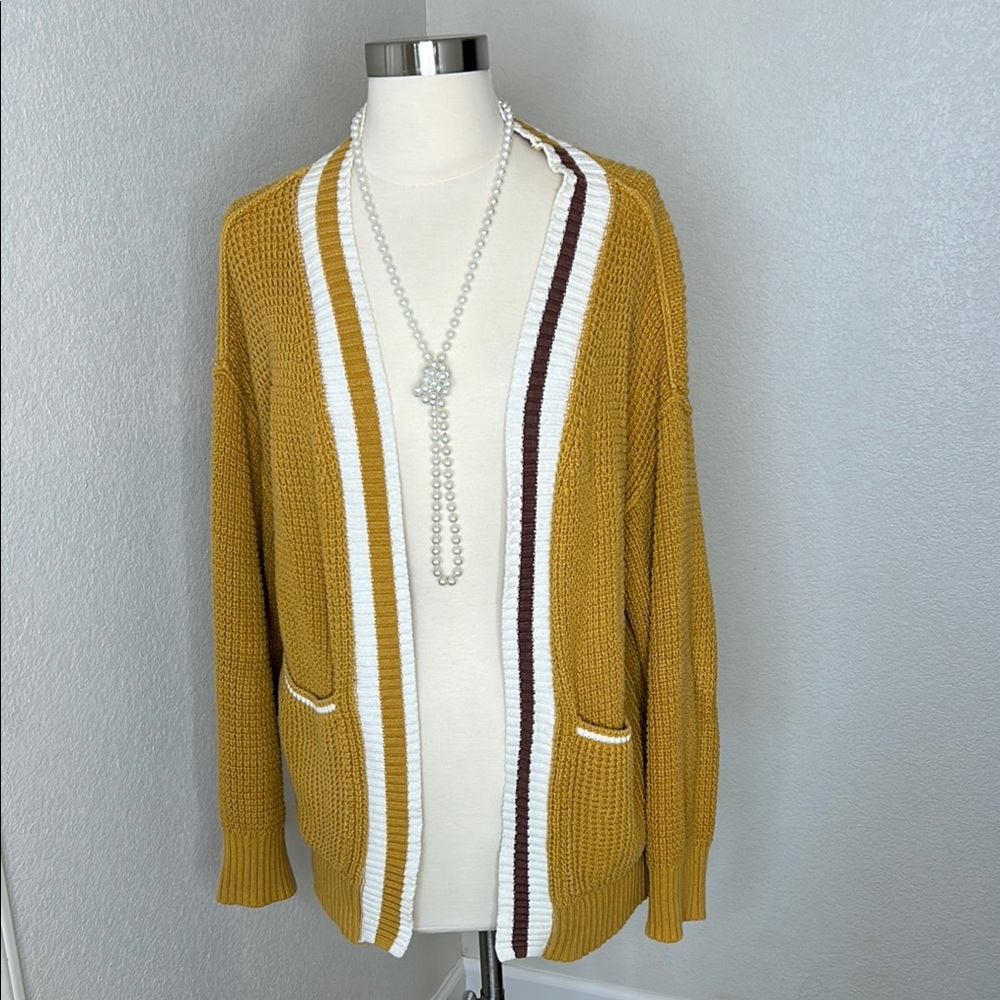 Mustard Cardigan Sweater with White and Brown Accents Women’s Small